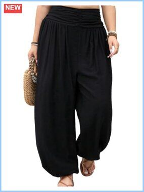 Plus Size Harem Pants Boho Palazzo Trousers Ruched Waist Pleated Rayon